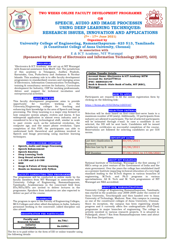 Two Weeks online Faculty Development Programme on Speech, audio and Image Processing using Deep Learning Techniques 2021